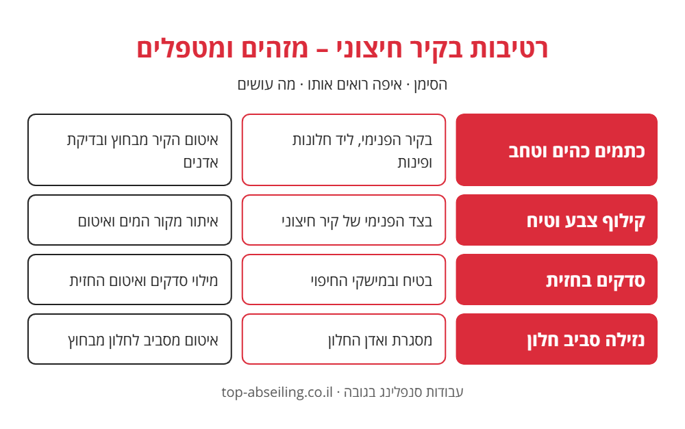 אינפוגרפיקה: סימני רטיבות בקיר חיצוני - כתמים וטחב, קילוף צבע, סדקים בחזית ונזילה סביב חלון - ואיך מטפלים בכל אחד