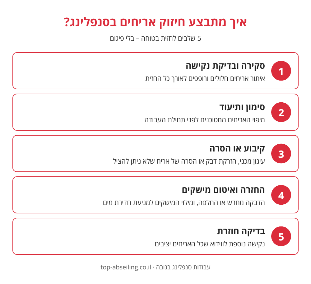 אינפוגרפיקה: 5 שלבי חיזוק אריחים בסנפלינג - סקירה ובדיקת נקישה, סימון, קיבוע או הסרה, החזרה ואיטום מישקים, בדיקה חוזרת